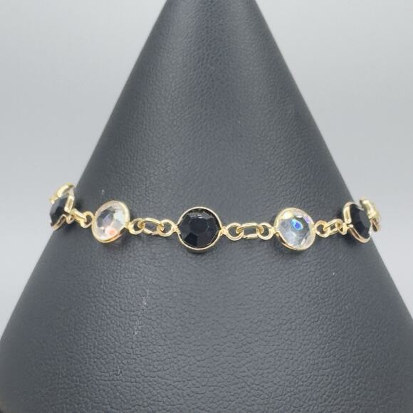 Vintage Swarovski Bracelet Swan Bezel Set Black Clear 7" - Picture 2 of 5